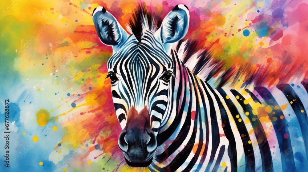 a painting of a zebra's head with colorful paint splatters on the back of it's head and a black and white stripe on the front of the zebra's head. generative ai a painting of a zebra's head with colorful paint splatters on the back of it's head and a black and white stripe on the front of the zebra's head. generative ai