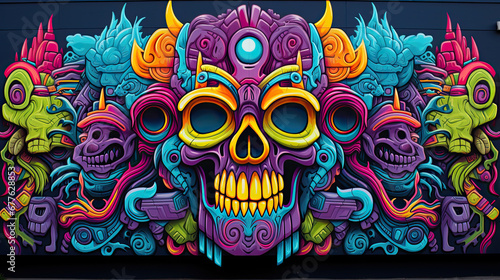 Mural art in the streets of Mexico City. Perfect symmetrical graffiti doodle art on Tucson Street Wall, colorful neon glowing on the wall, skull pattern. photo
