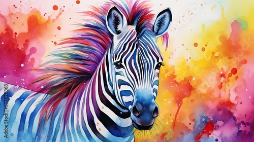  a painting of a zebra with multicolored spots on it's face and neck, standing in front of a multicolored background 