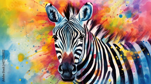  a painting of a zebra s head with colorful paint splatters on the back of it s head and a black and white stripe on the front of the zebra s head.  generative ai