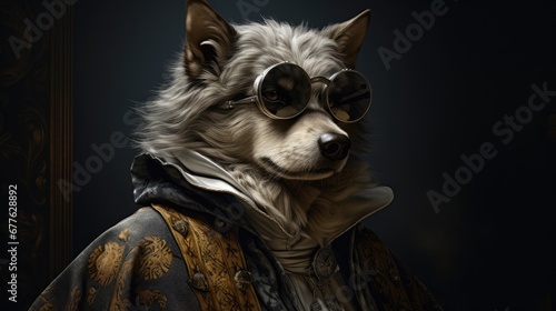 a close up of a dog wearing goggles and a coat with a coat on it's chest and a hat on its head and glasses on it's head.  generative ai © Shanti
