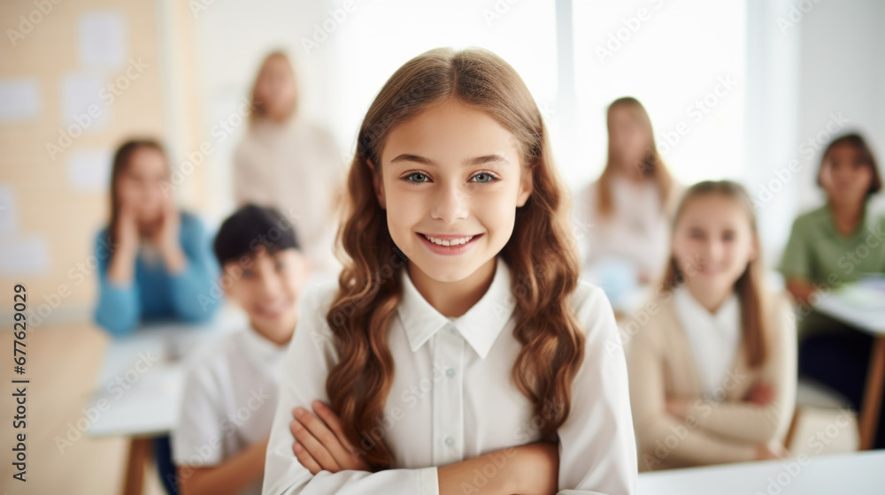 Smiling young girl in classroom with classmates behind. Smiling young girl in classroom with classmates behind.