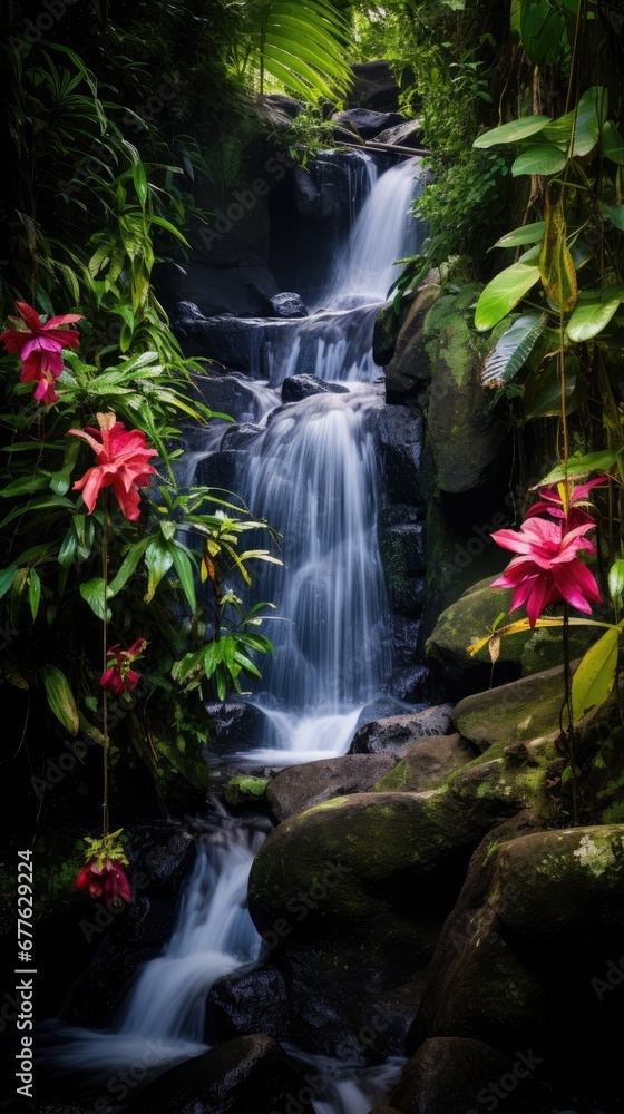  a small waterfall in the middle of a forest with lots of trees and flowers on either side of the waterfall is a lush green area with pink and red flowers.  generative ai