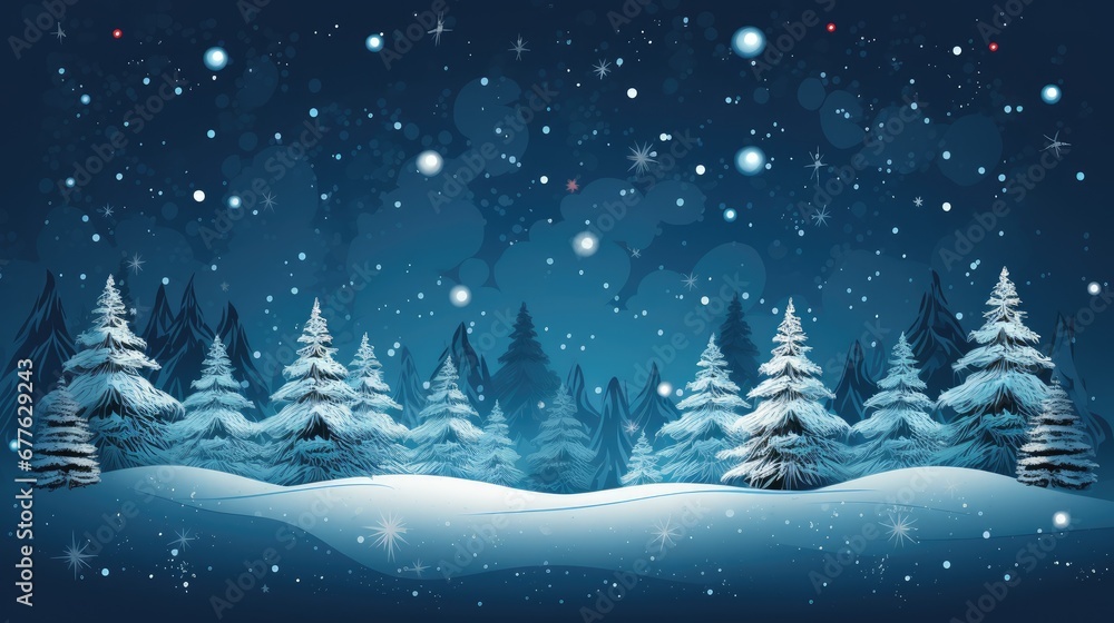  a winter scene with snow covered trees and snowflakes on a dark blue background with snowflakes falling from the sky and snow flakes on the ground.  generative ai