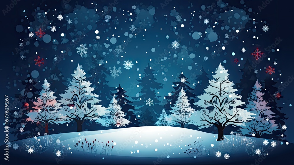  a snowy landscape with trees and snow flakes on a dark blue background with snow flakes on the trees and snow flakes on the ground and snowflakes on the ground.  generative ai
