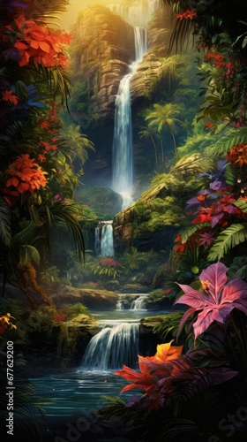  a painting of a waterfall in the middle of a forest with lots of trees and flowers in the foreground and a waterfall in the middle of the foreground. generative ai