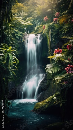  a painting of a waterfall in the middle of a forest with lots of trees and flowers on either side of the waterfall is a blue body of water surrounded by lush vegetation.  generative ai