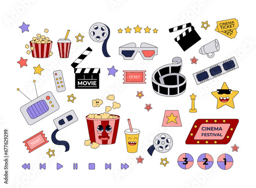 Set of movie elements in trendy retro groovy style. Cinema popcorn character, mascot objects collection. Design for web, banner, poster, flyer, paper print illustration. Vector