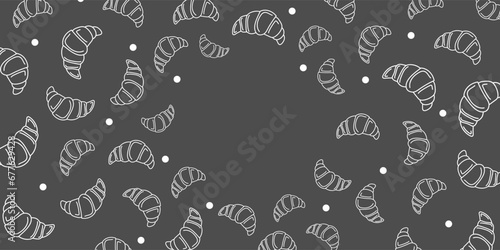 Vector illustration. Contour pattern. Cakes, donuts, croissants, macarons in sketch style. Hand drawn food elements. Desserts and sweets food doodle background with copy space for text.