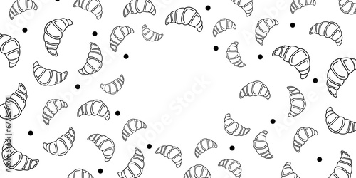 Vector illustration. Contour pattern. Cakes, donuts, croissants, macarons in sketch style. Hand drawn food elements. Desserts and sweets food doodle background with copy space for text.