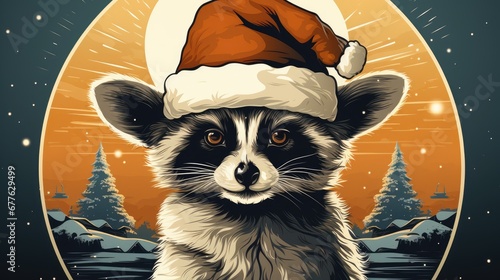  a raccoon wearing a santa hat on top of it's head in front of a background of snow covered trees and a full moon with stars and snow.  generative ai photo