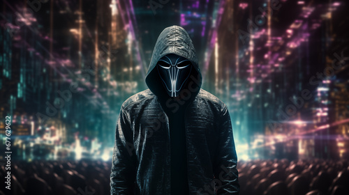 Anonymous hacker in the hood hiding his face under a mask, agains network of glowing data background. Cybersecurity and cybercrime concept