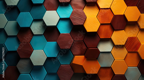 3d rendering of abstract geometric hexagon background in blue, orange and brown colors. 