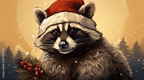  a painting of a raccoon wearing a santa's hat and holding a branch of holly in front of a full moon and snowy night sky with pine trees. generative ai