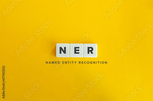 Named Entity Recognition (NER) Banner. Letter Tiles on Yellow Background. Minimal Aesthetic. photo