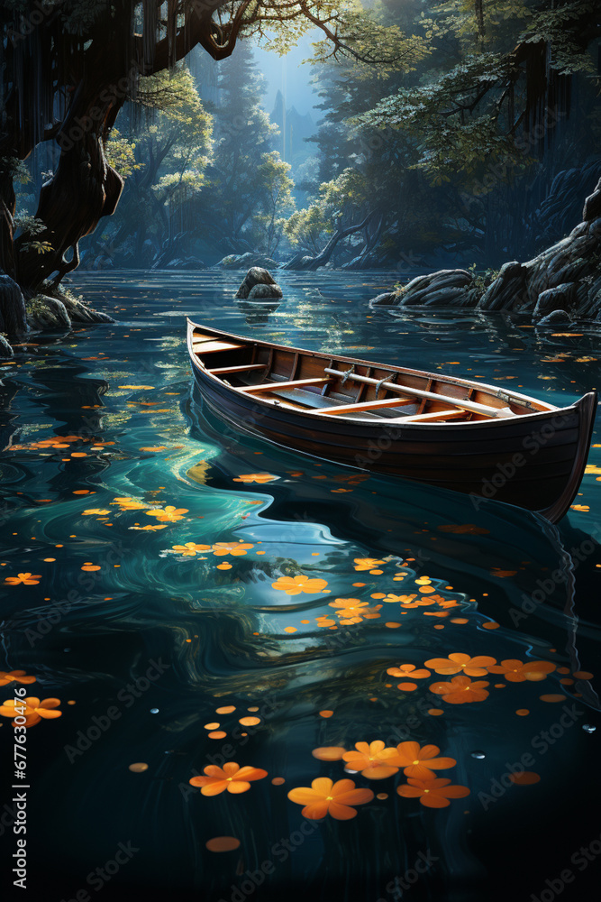 A tranquil view of a canoe gliding through calm water, with its movement creating a symmetrical pattern of circles.  