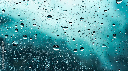 Water drops on glass. Green background. Shallow depth of field. Rain drops on window glass with blue sky background, shallow DOF