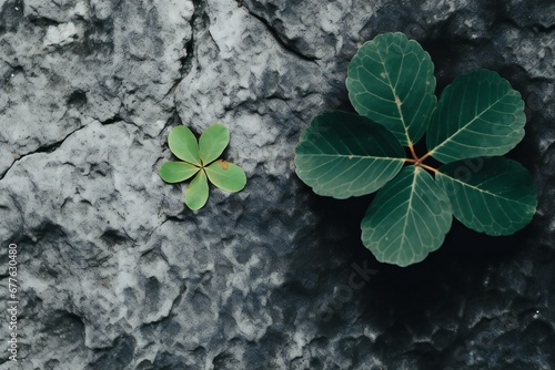 Green clover leaves on black stone background, top view, copy space