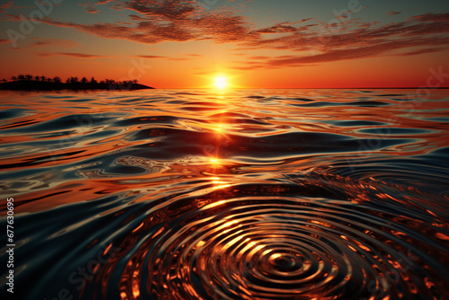 A serene scene of the sun setting over a calm lake, with circles of golden reflections dancing on the water's surface. 