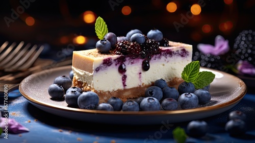  a piece of cheesecake with blueberries and mint leaves on a plate with a fork and a glass of wine on a table with a blurry lights in the background.  generative ai