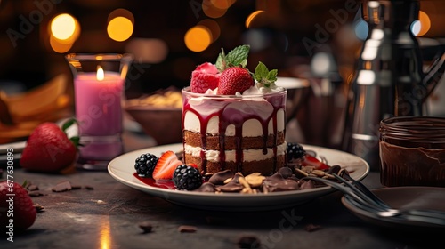  a close up of a cake on a plate on a table with a candle and strawberries on the plate next to it and a glass of milk and strawberries on the plate.  generative ai