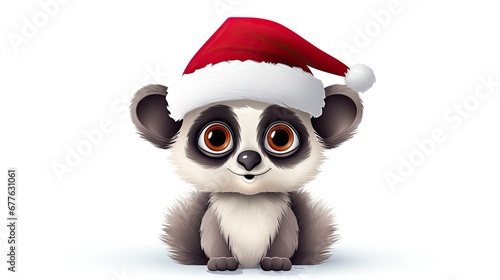  a raccoon wearing a santa hat sitting on top of a white floor next to a red and white sign that says happy christmas on it's day.  generative ai © Shanti