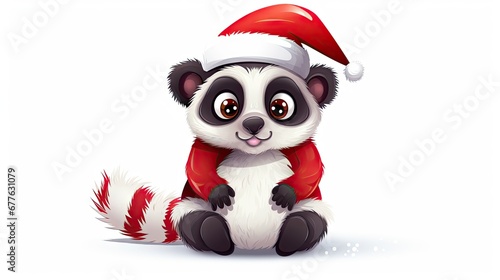  a raccoon wearing a santa hat and sitting on the ground with a snowflake on it's back and a red scarf around it's neck.  generative ai © Shanti