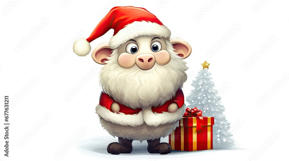 a cartoon santa clause standing next to a small christmas tree with a red santa hat on it's head and a red and white present box with a gold star on it's bottom. generative ai a cartoon santa clause standing next to a small christmas tree with a red santa hat on it's head and a red and white present box with a gold star on it's bottom. generative ai