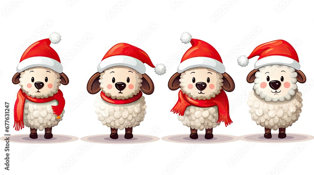 a group of sheep wearing red and white hats and scarves with a red scarf and a red scarf around their necks, standing in a row on a white background. generative ai a group of sheep wearing red and white hats and scarves with a red scarf and a red scarf around their necks, standing in a row on a white background. generative ai