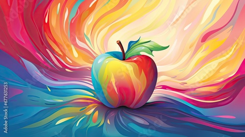  a painting of a colorful apple with a splash of paint on the bottom of it and a green leaf on the top of the apple and bottom of the apple.  generative ai