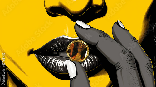 Portrait d'une femme qui tient un anneau en or entre ses doigts et le porte devant sa bouche, style BD bicolore noir et jaune photo