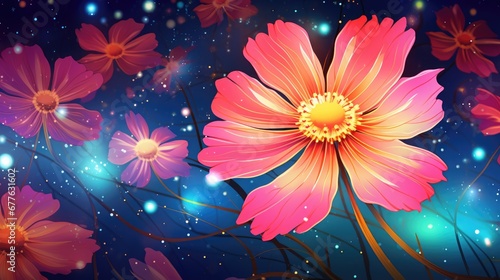  a painting of a pink flower on a dark blue background with stars and sparkles in the sky behind it is a cluster of pink and orange flowers with a yellow center in the center.  generative ai