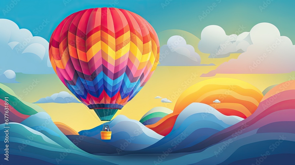 a colorful hot air balloon flying in the sky over a mountain range with a bird flying over the top of the hot air balloon in front of a blue sky with clouds. generative ai a colorful hot air balloon flying in the sky over a mountain range with a bird flying over the top of the hot air balloon in front of a blue sky with clouds. generative ai