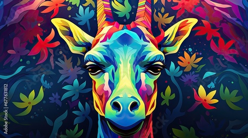  a painting of a colorful giraffe with leaves on it's head and a background of blue, red, yellow, green, orange, and pink. generative ai