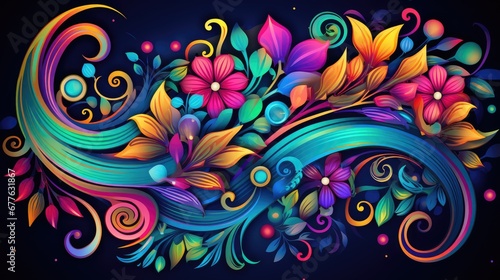  a painting of colorful flowers and swirls on a black background with space for a text or an image to put on a t - shirt or t - shirt. generative ai
