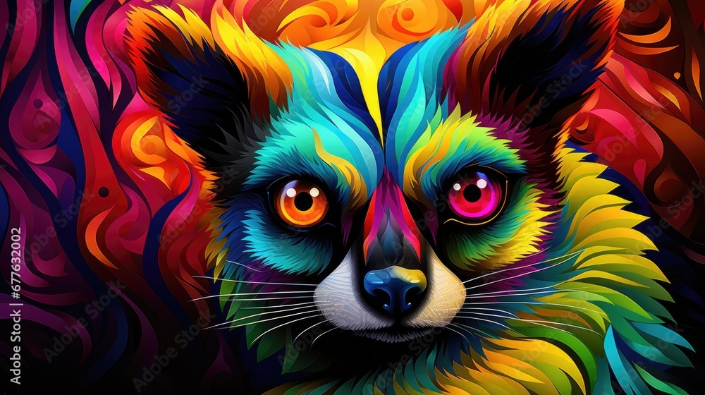  a colorful painting of a raccoon's face with red, yellow, blue, green, and orange colors on it's face and a black background.  generative ai
