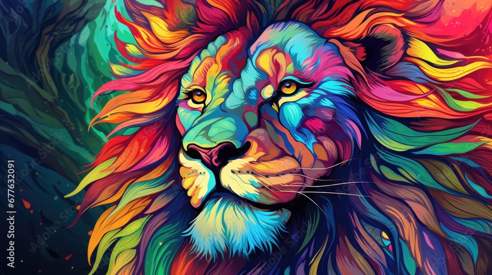  a painting of a lion's face with multicolored hair and a black background with a splash of paint on the left side of the lion's face.  generative ai