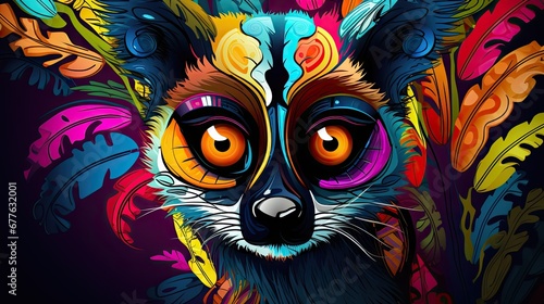  a painting of a racoon with orange eyes and colorful feathers on it's head, on a dark background