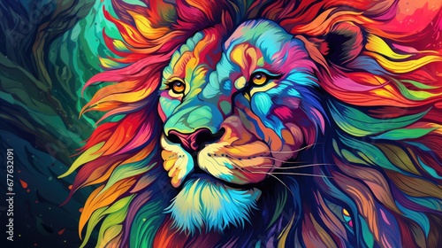  a painting of a lion s face with multicolored hair and a black background with a splash of paint on the left side of the lion s face.  generative ai