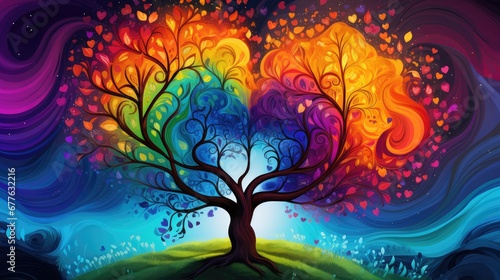  a painting of a rainbow colored tree with swirls and swirls on the tree, with a blue sky in the background and a green hill in the foreground. generative ai