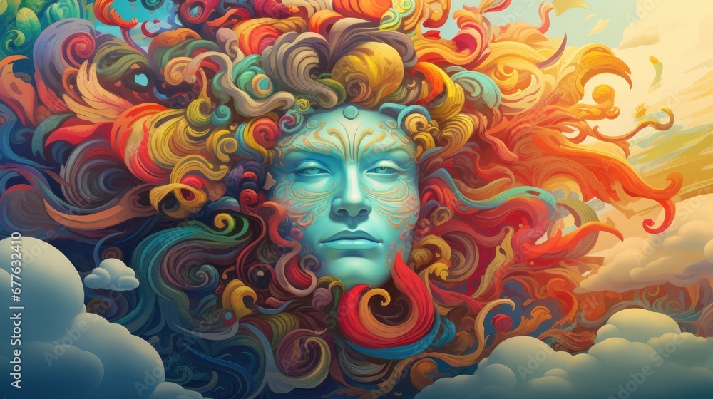  a painting of a woman's face with multicolored swirls on her hair and the sky in the background, with clouds and sun shining through the clouds.  generative ai