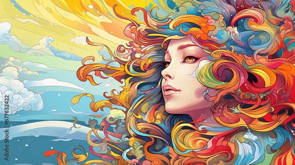  a painting of a woman's face with multicolored hair and a blue sky in the background with clouds and sun shining down on her head and water.  generative ai