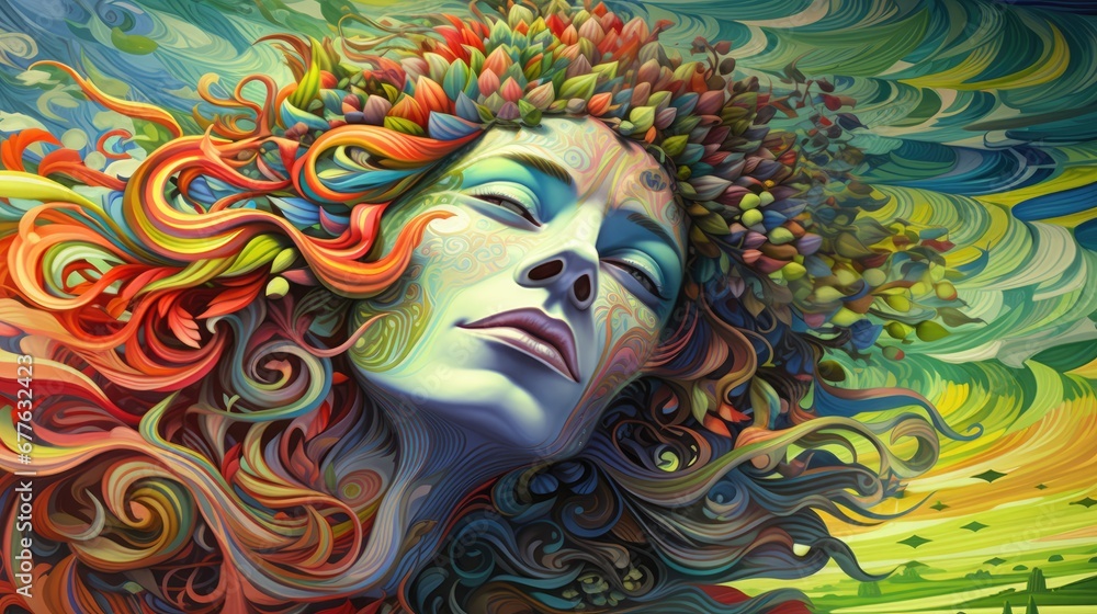  a painting of a woman's face with her eyes closed and her hair blowing in the wind, with a green field in the background and a fence in the foreground.  generative ai