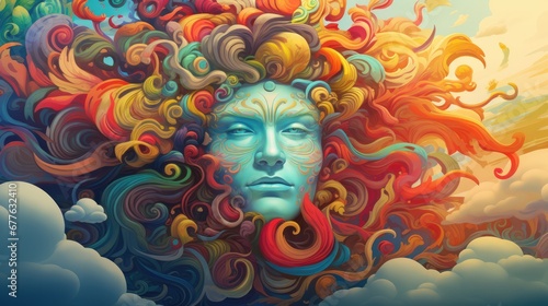  a painting of a woman's face with multicolored swirls on her hair and the sky in the background, with clouds and sun shining through the clouds. generative ai