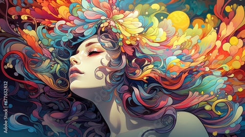  a painting of a woman's face with colorful hair and flowers on her head, in the middle of the image is an abstract painting of a woman's face. generative ai