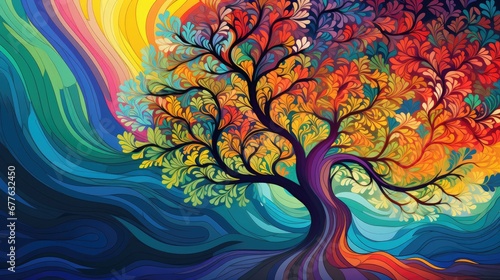  a painting of a colorful tree with swirls and leaves on it s leaves are multicolored  and the tree is in the middle of which is a rainbow.  generative ai