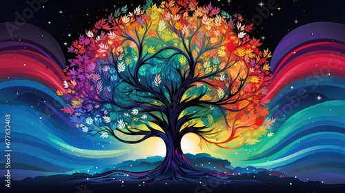 a painting of a colorful tree on a black background with a rainbow swirl in the middle of the tree and stars in the sky above the tree is a flowing in the water. generative ai