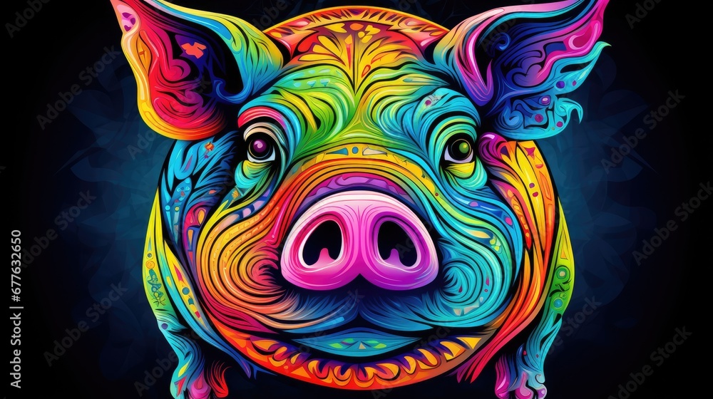  a colorful pig's face on a black background is featured in this brightly colored illustration of a pig's face with a black background is featured in the center of the pig's head.  generative ai