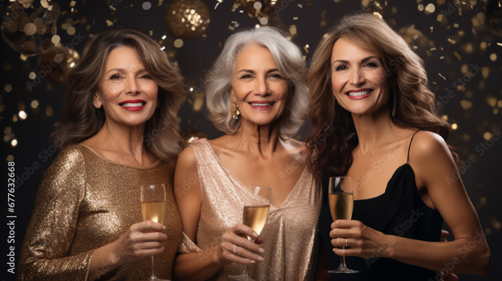 Three Senior citizen women in golden evening dress, holds glass of champagne in her hand on dark background. Merry Christmas and New Year, golden confetti and bokeh, Generate Ai.