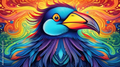  a painting of a colorful bird with an orange, yellow, blue, and red beak 